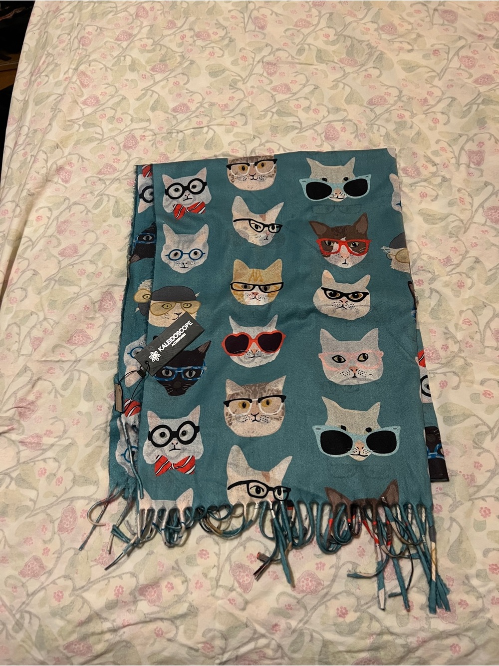 Unbranded Teal Cat Print Scarf with Eyewear Motif